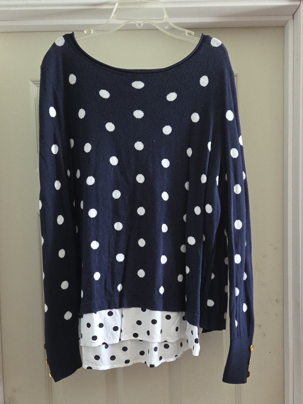 crown & ivy Navy and White Polka Dot Layered-Hem Sweater